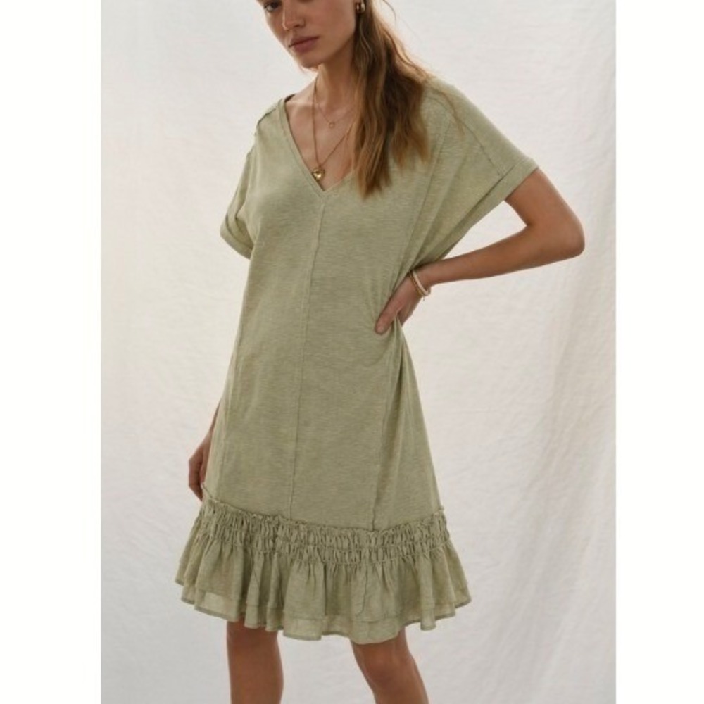Daily Practice Anthropologie Solana Green Ruffle Tee Shirt Dress Medium Cottage
